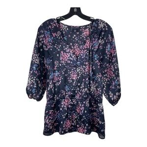 Banana Republic Floral 3/4 Sleeve V-Neck Button Front Peplum Blouse Black M
